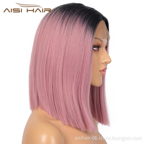 Aisi Hair Wholesale Short Ombre Pink Dark Root Bob Wig Swiss Lace Wig Cosplay Synthetic Lace Front Wigs For Black White Women